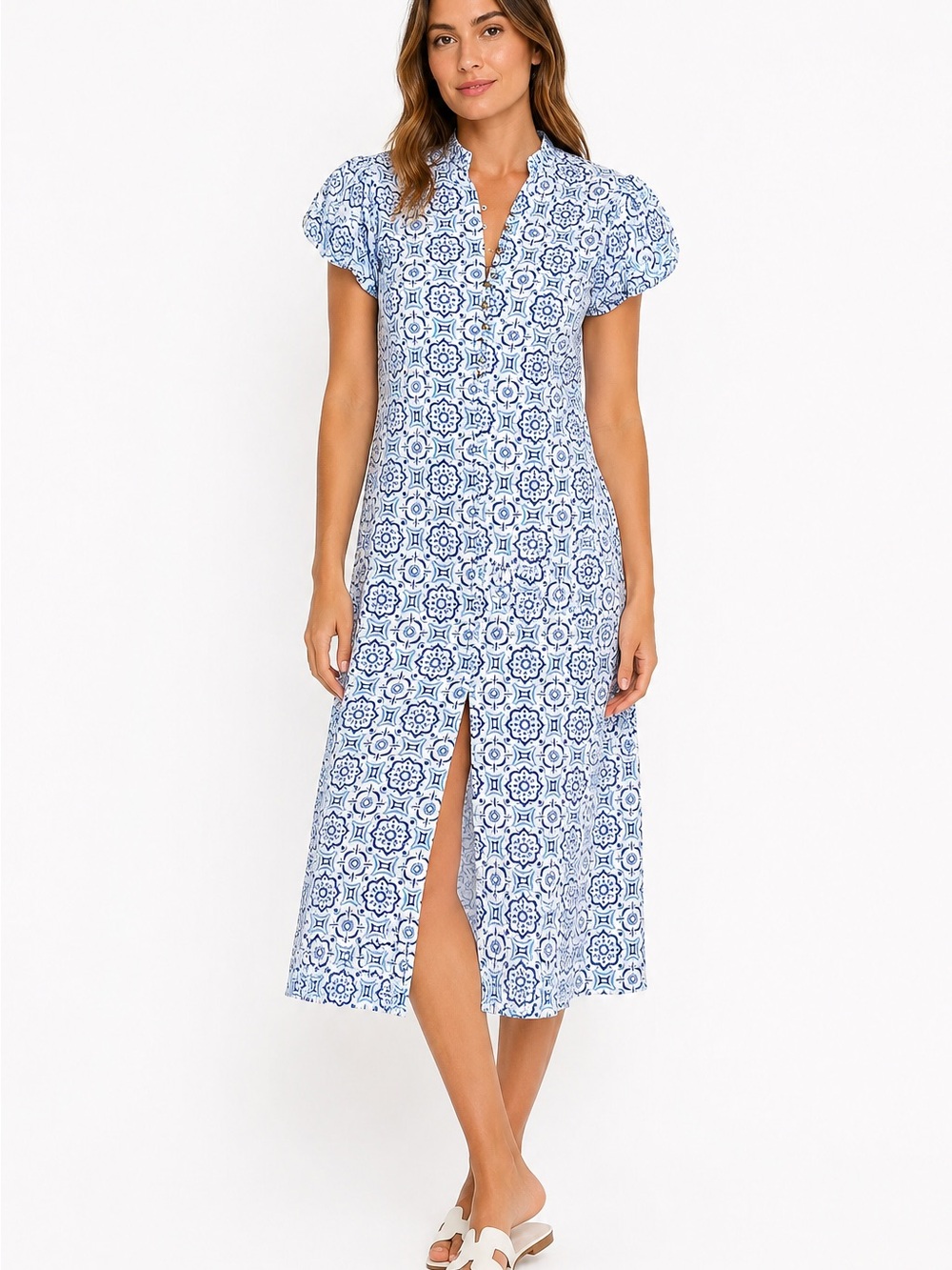 Sail to Sable Linen Dress Blue White Mediterranean Tile Print Puff Sleeve Midi